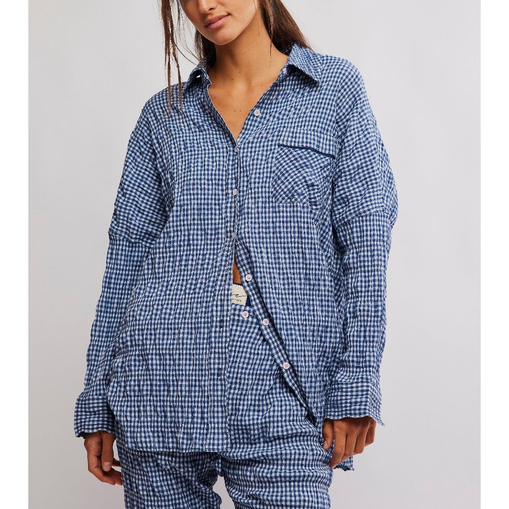 Free People Blue Gingham Button-Up Pajama Top